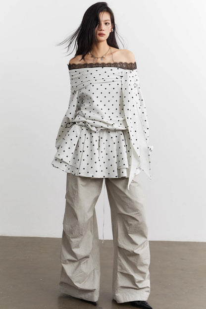 Cute Lace-Up Polka Dot Sweatshirt Set-Up