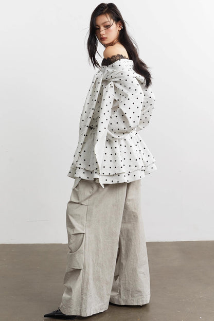 Cute Lace-Up Polka Dot Sweatshirt Set-Up