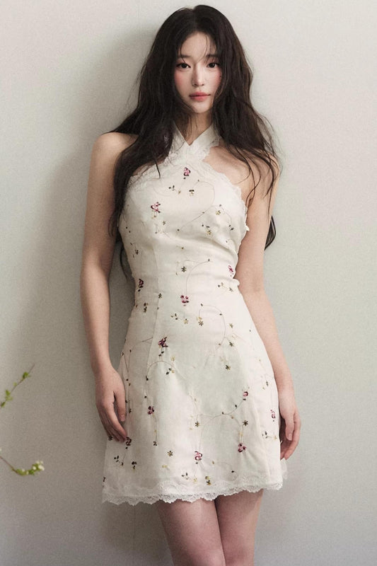 White Lace Halter Short Dress