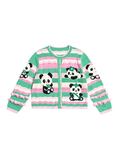 Panda print striped knit cardigan