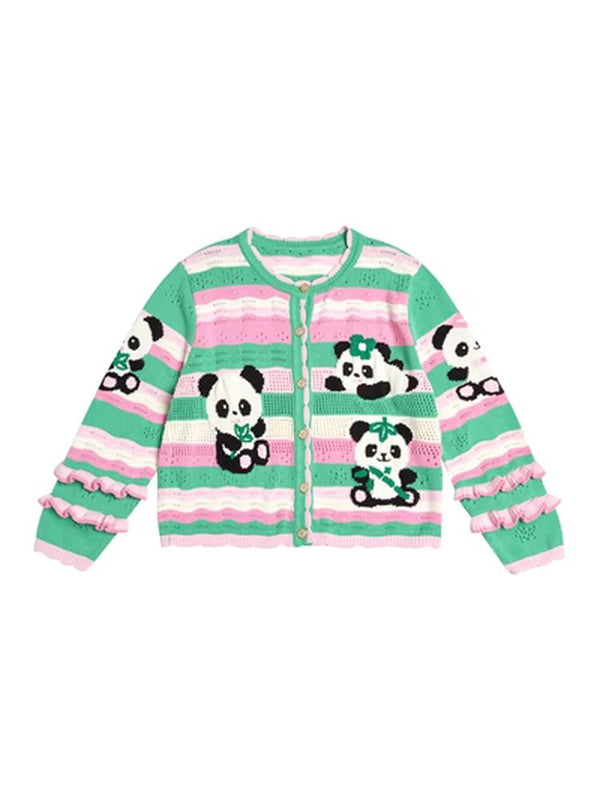 Panda print striped knit cardigan