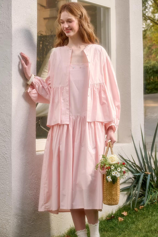 Baby Pink Cotton Dress Set-Up