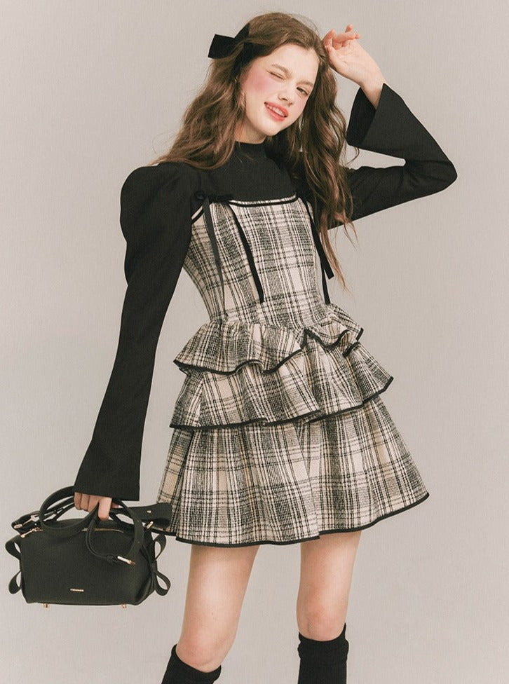 Plaid Cake Skirt Fake Two-piece Dress