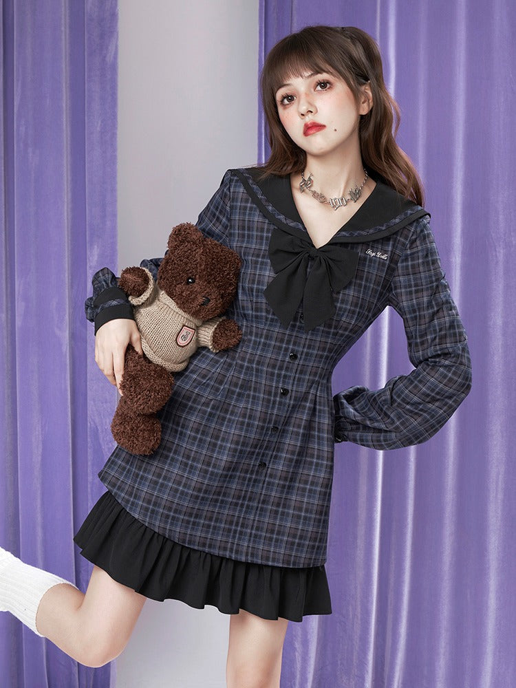 navy collar balloon sleeve plaid dress