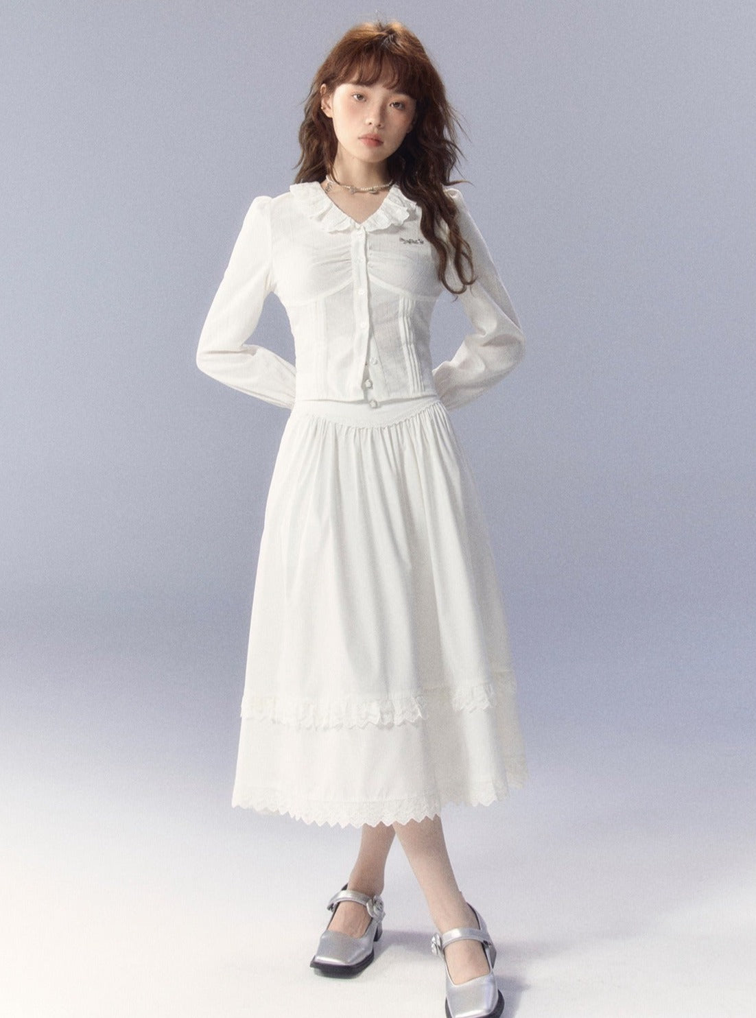 White skirt with shirt long-sleeved top Set