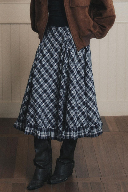 Navy Blue Check A-Line Swing Skirt