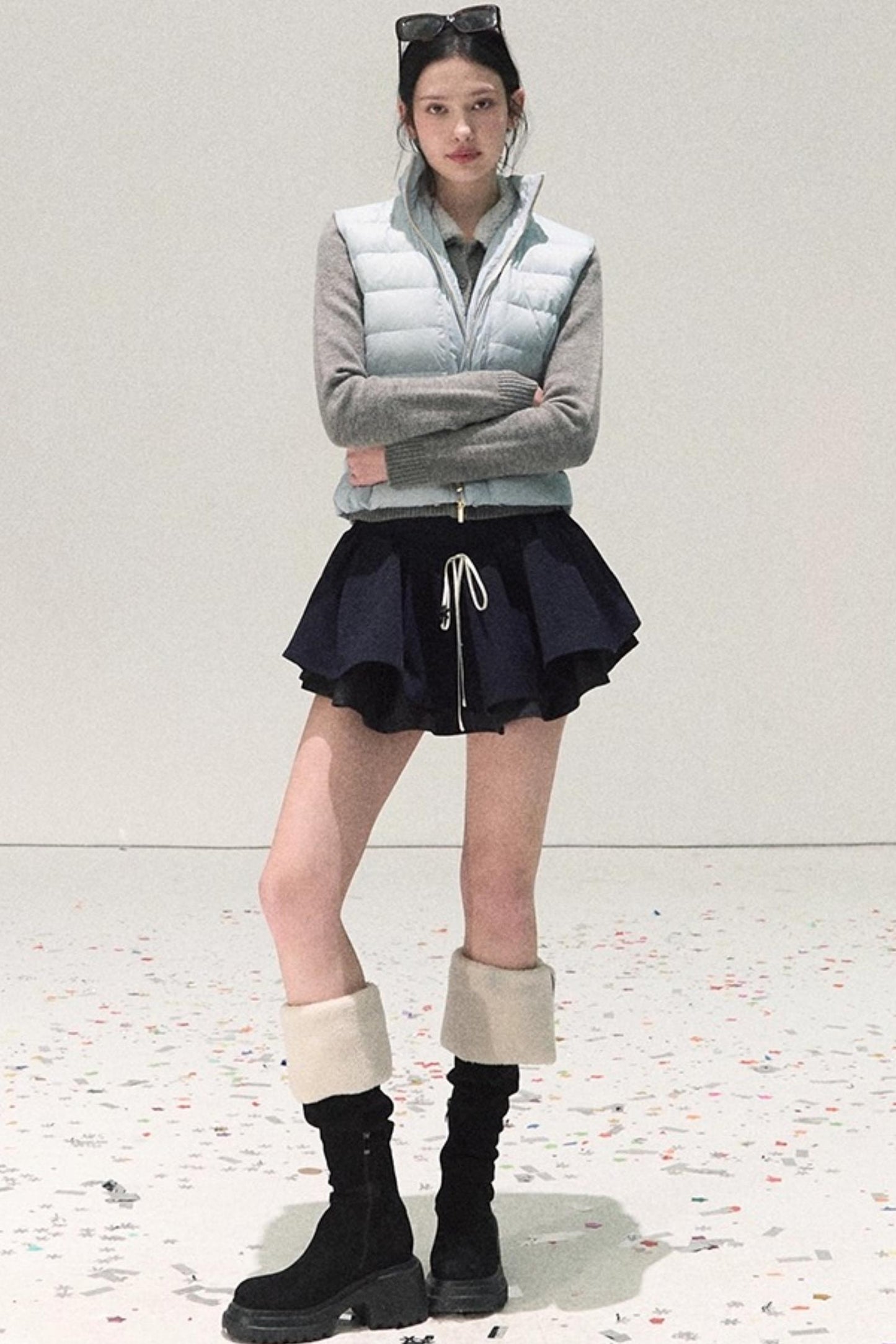 Plaid Color-Blocked Puffy Skirt