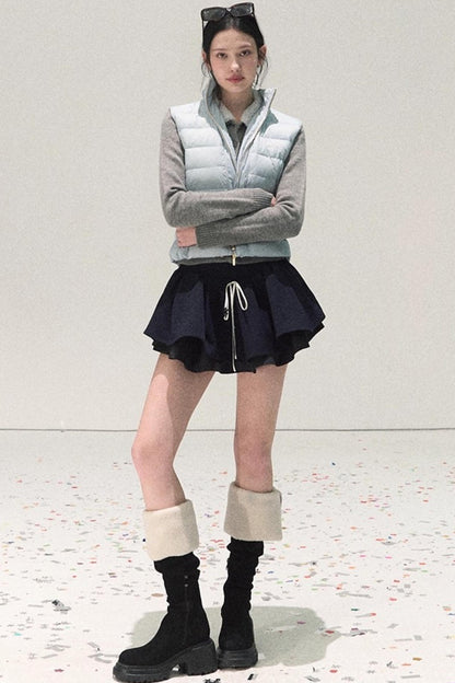 Plaid Color-Blocked Puffy Skirt