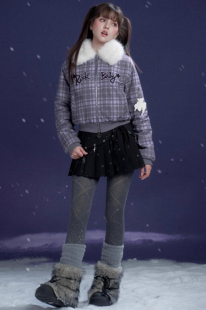 Purple Plaid Fur Collar Jacket