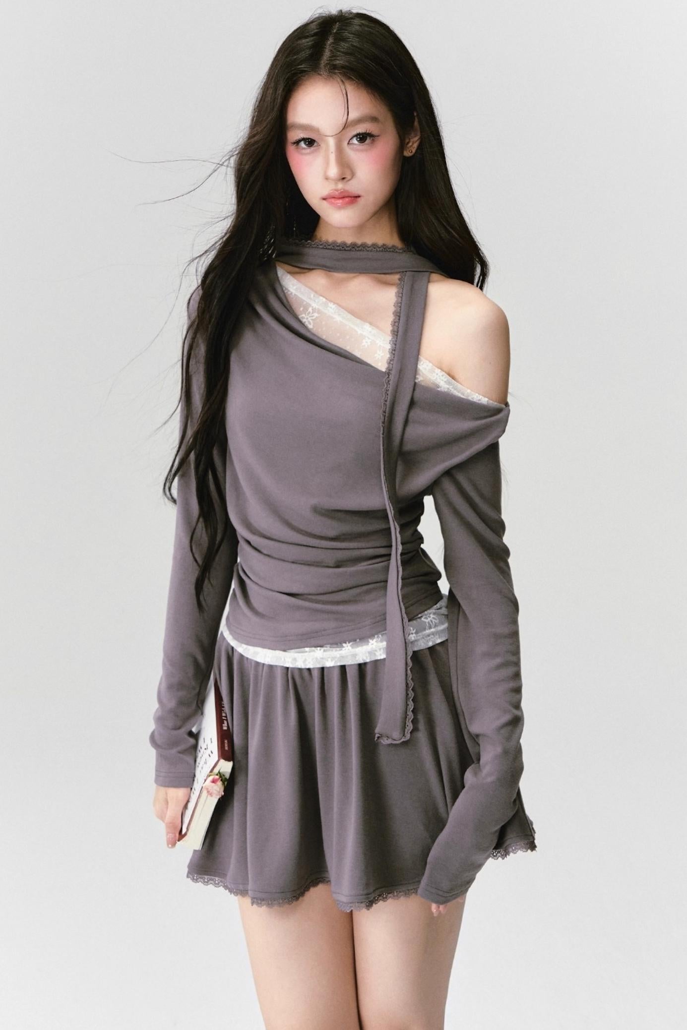 Green Lace Knit Top Skirt Set-Up