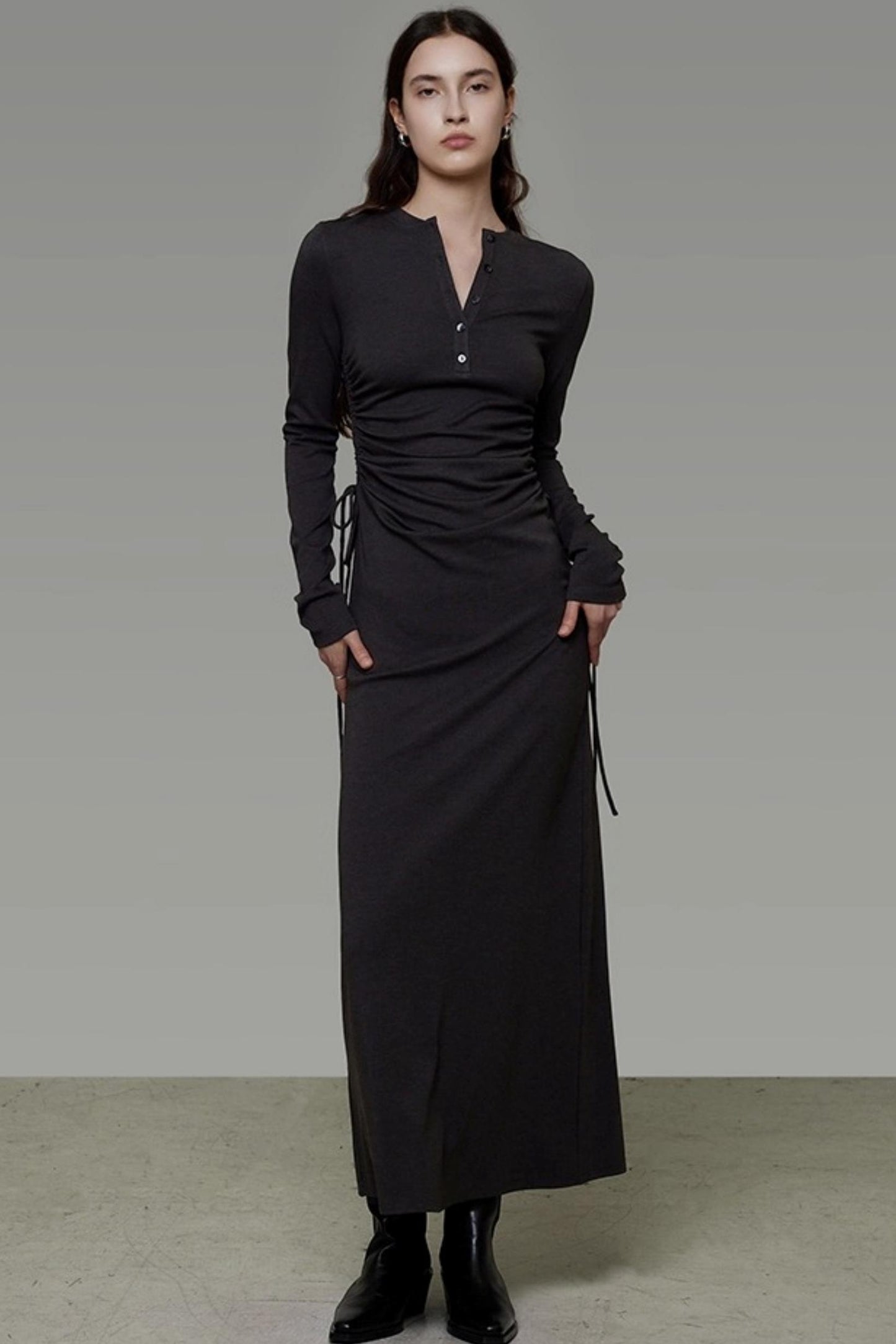 Pleated Long-Sleeve Dress