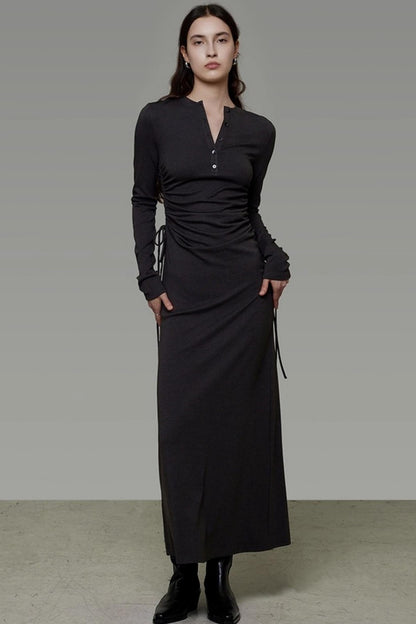 Pleated Long-Sleeve Dress