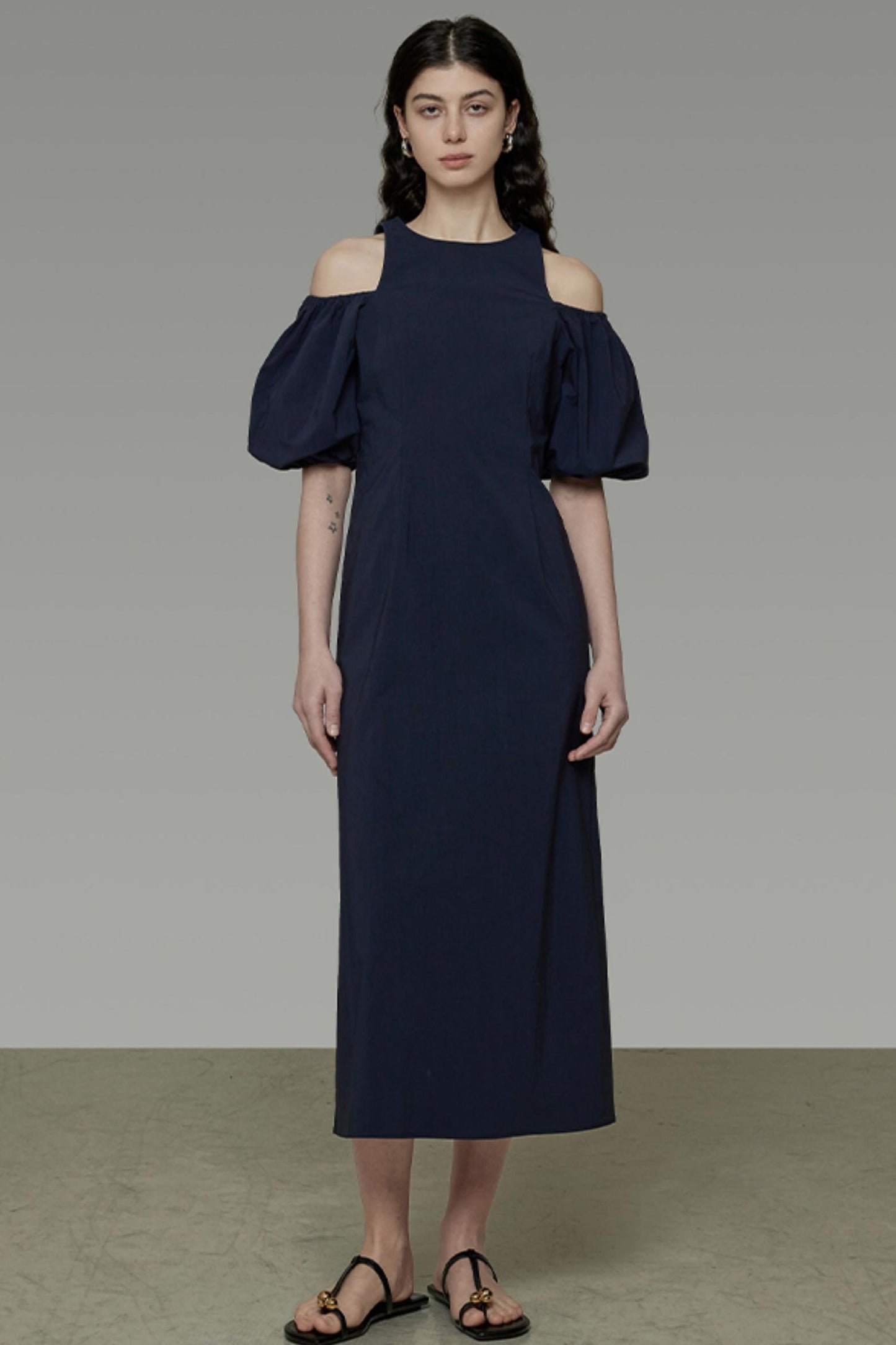 Navy Slim Bubble Sleeve Maxi Dress