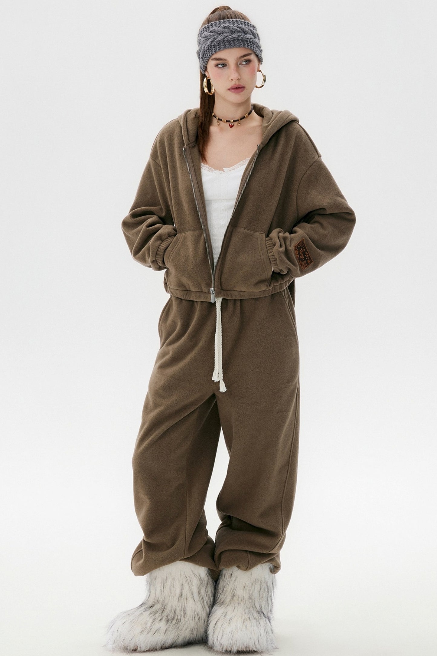 Khaki Fleece Bunny Ear Cardigan Set-Up