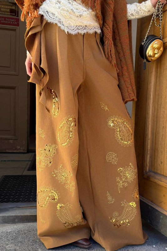 Cashew Flower Embroidered Wide-leg Pants