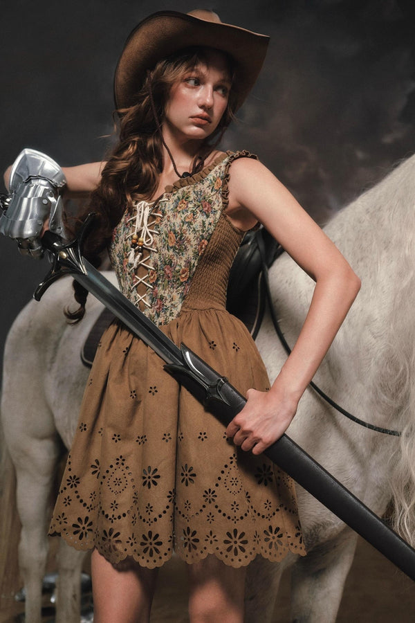 Vintage Country Print Suede Dress Set-Up