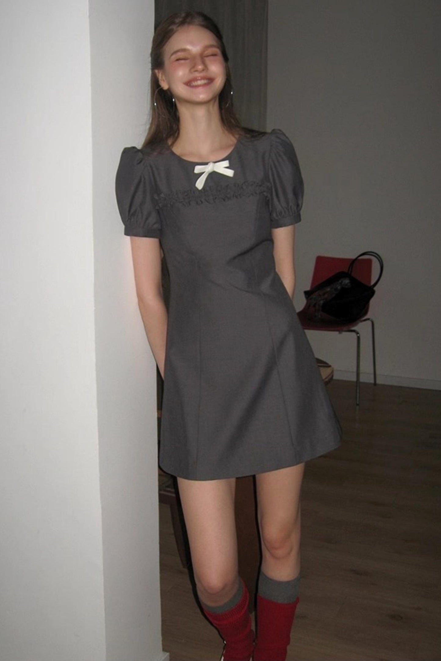 Detachable Bow Bubble Short Sleeve Dress