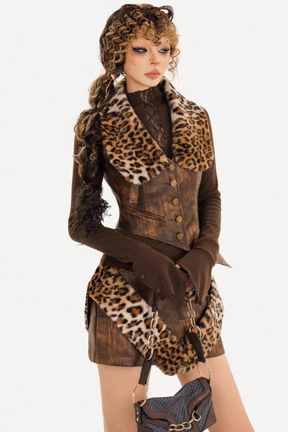 Leopard Print Patchwork Vest Jacket Set-Up