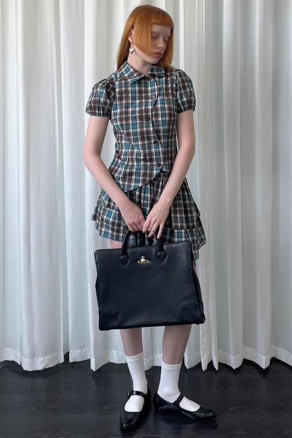 Blue Plaid Two-Piece Top Skirt Set-Up