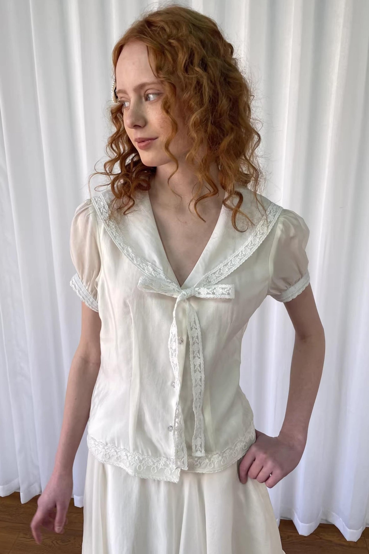 Navy Collar Lace Blouse