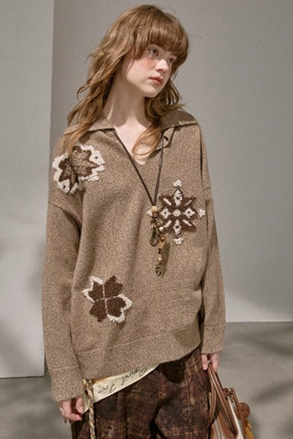 Volumetric Snowflake V-Neck Casual Sweater