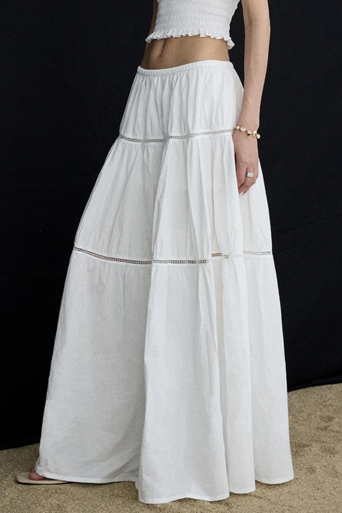 Elasticated White Long Skirt