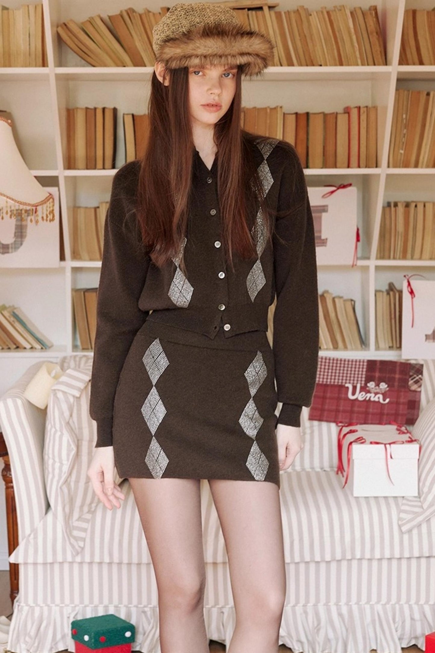 Brown Diamond Wool Cardigan Set-Up