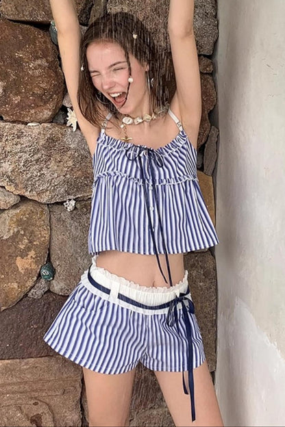 Blue Striped Ruffle A-Line Shorts Set-Up