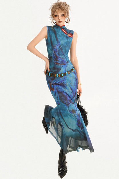 Robe queue de poisson réversible à motif peinture à l’huile