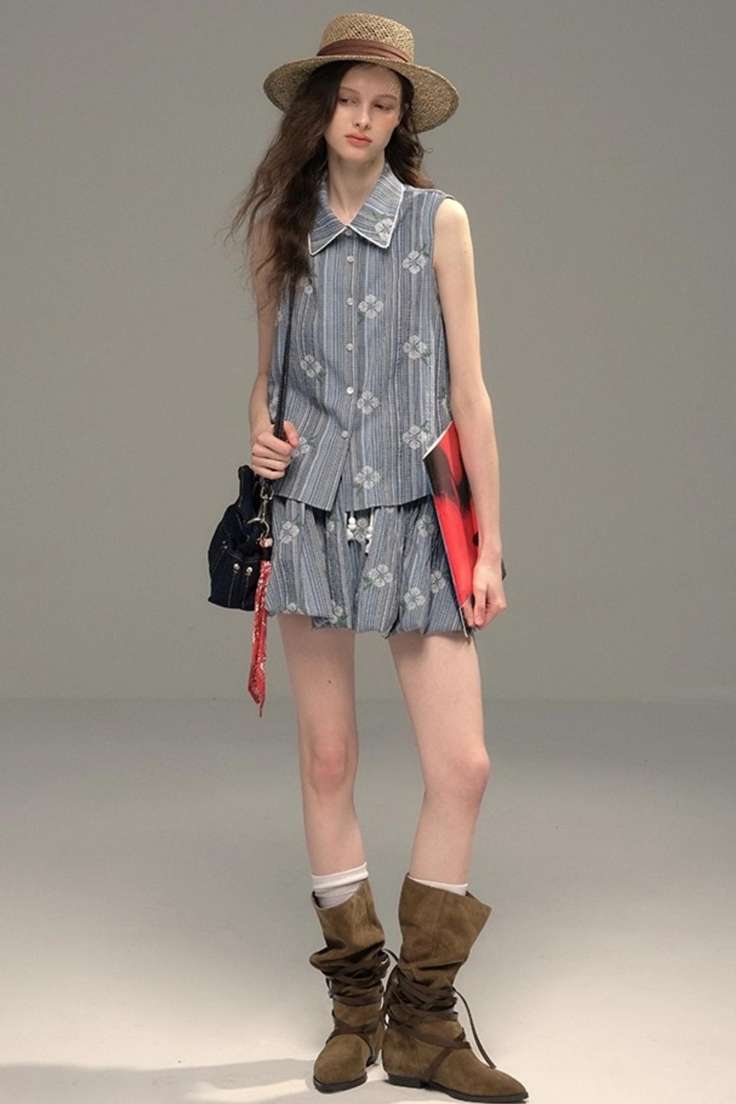 Flower Stitch Vest Skirt Set-Up