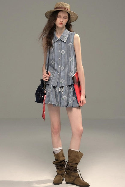 Flower Stitch Vest Skirt Set-Up