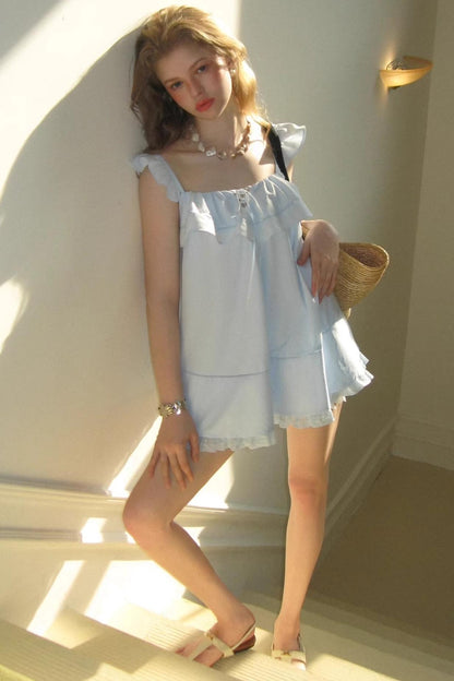 Blue Lace V-Neck Doll Top