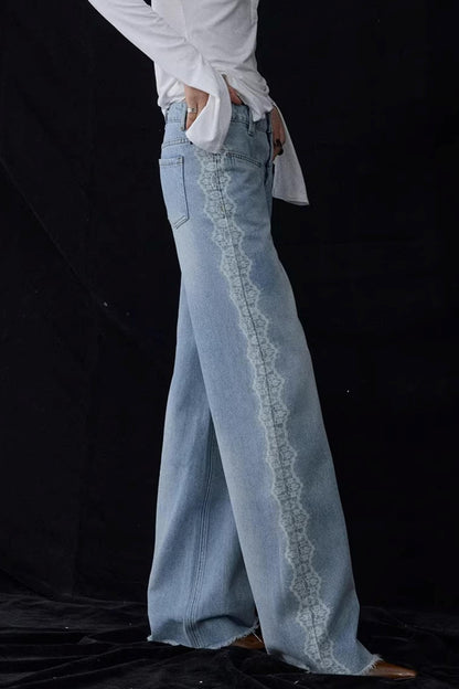 Lace Print Raw Hem Jeans