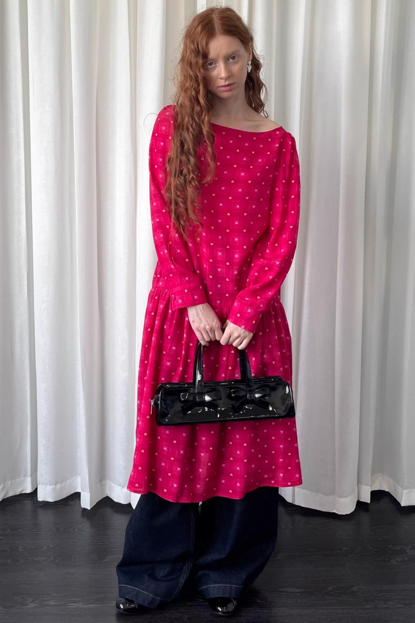 Smell Love Bow Rose Red Plaid Long Sleeve Dress