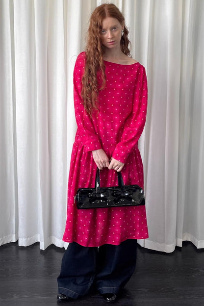 Smell Love Bow Rose Red Plaid Long Sleeve Dress