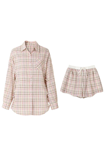 Purple Plaid Tie-Front Shirt Pants Set-Up