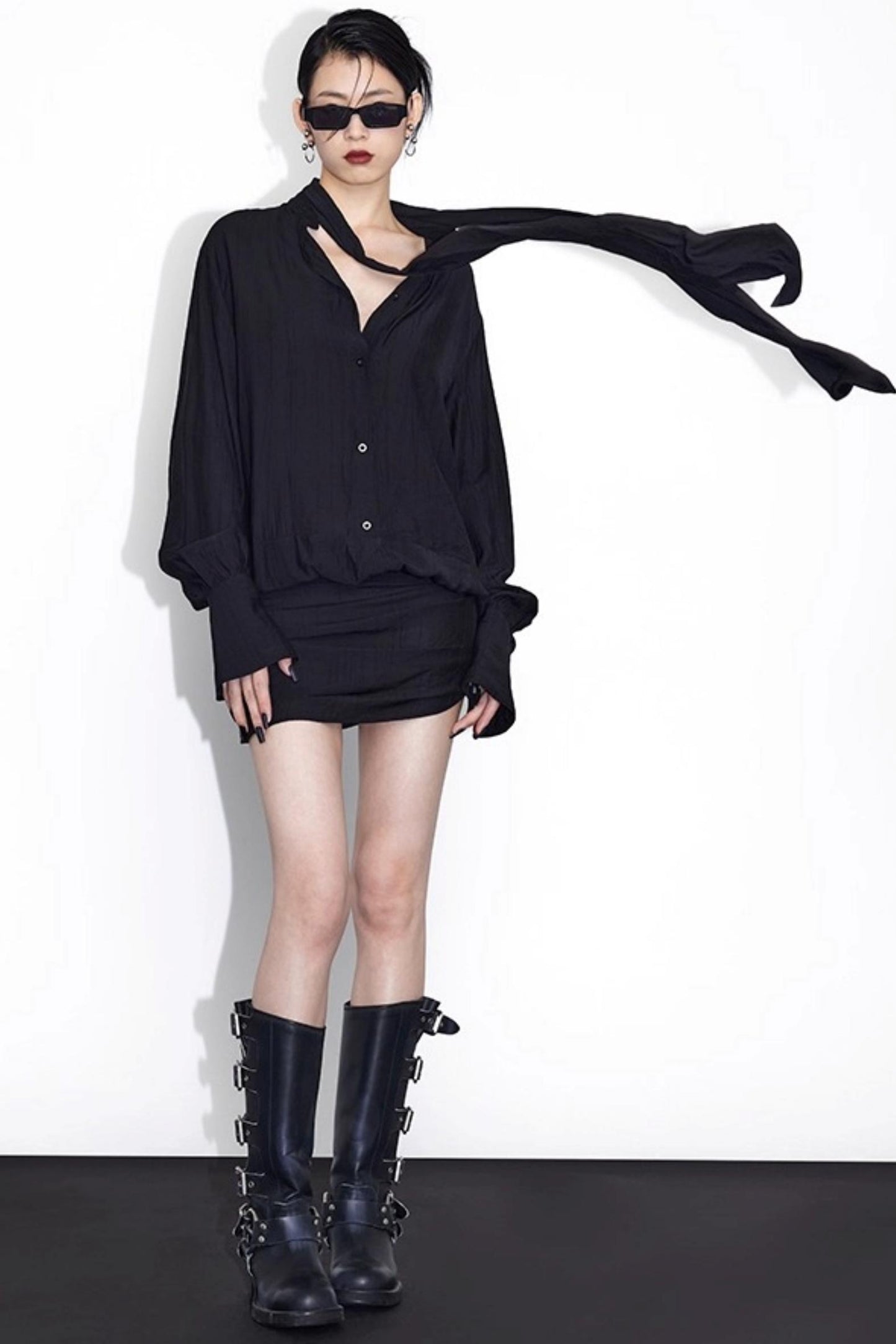 Streamer Black Drape Shirt Dress