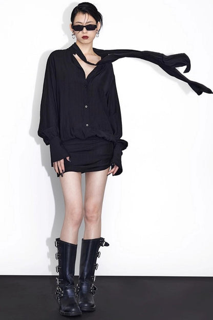 Streamer Black Drape Shirt Dress
