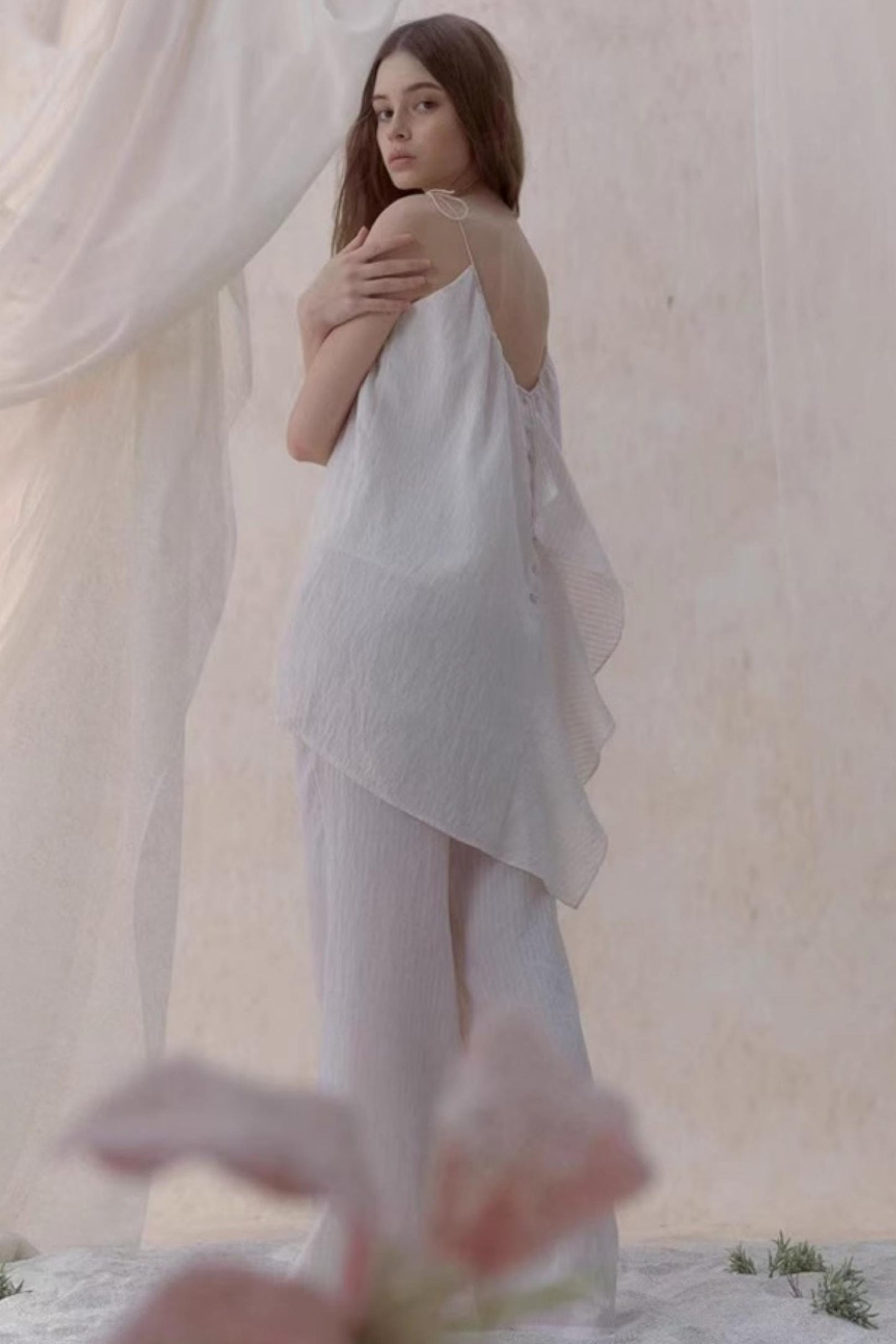 Draped Pearl Stripe Camisole Set-UP