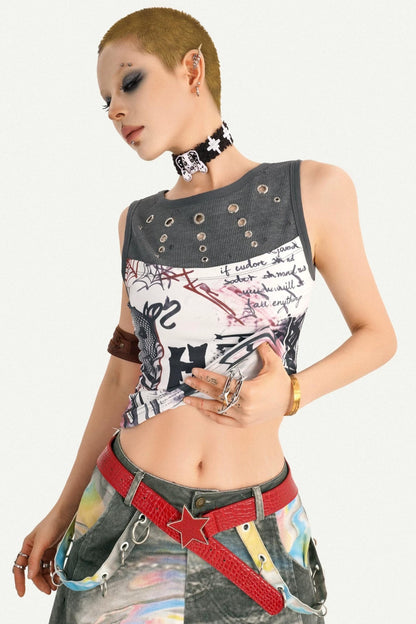 Graffiti Print Patchwork Top
