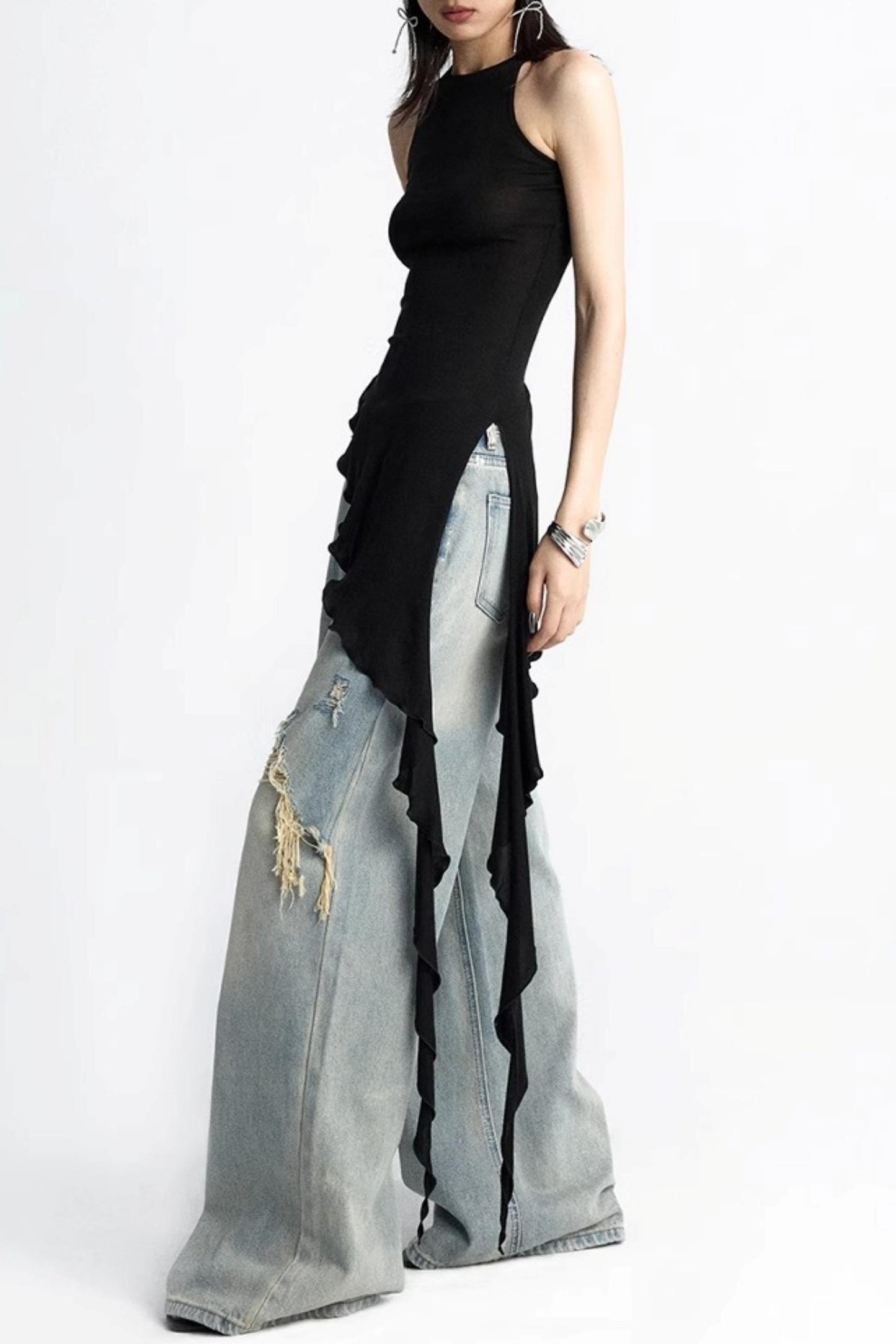 Black Ruffle Streamer Vest