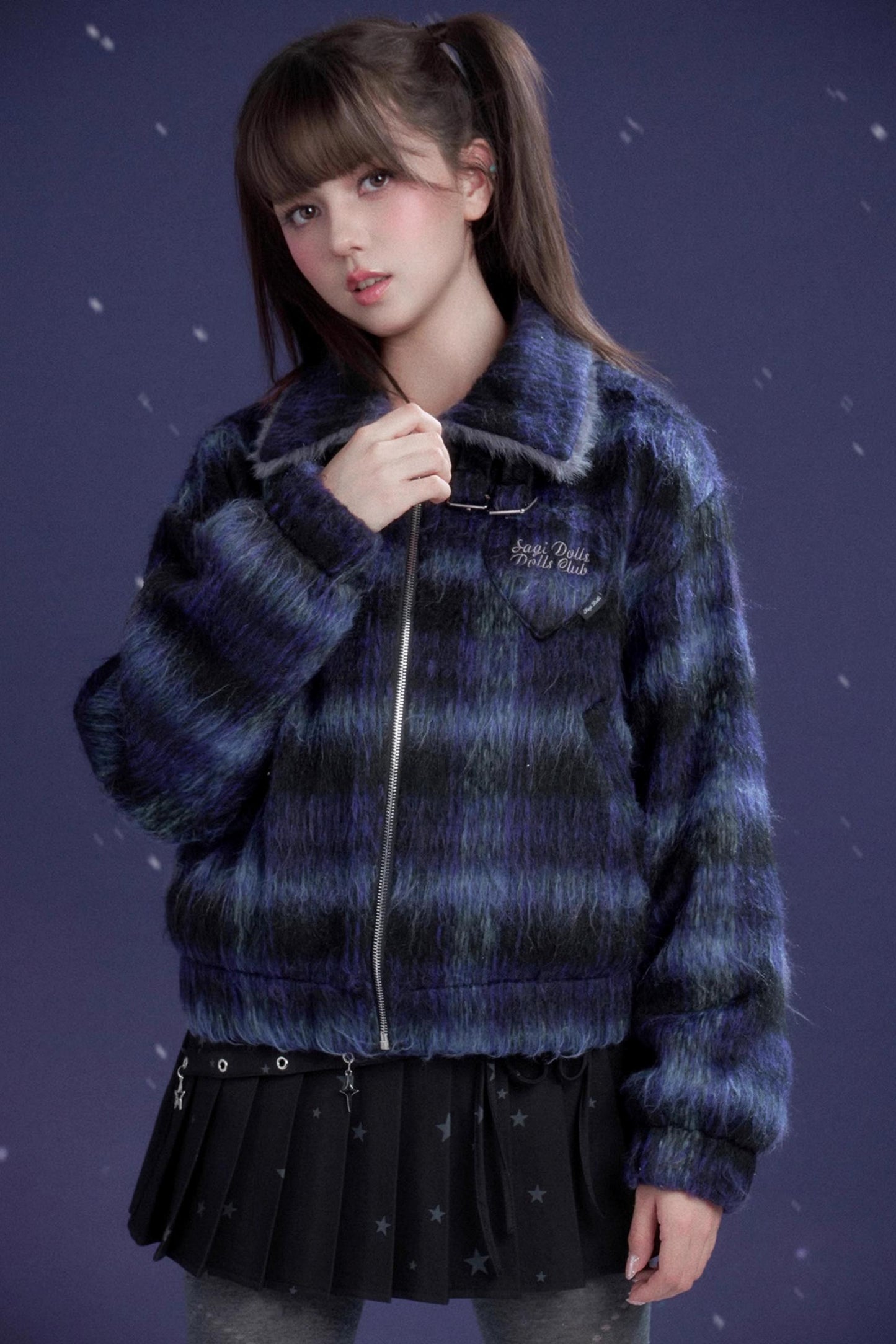 High-Neck Plaid Woolen Coat