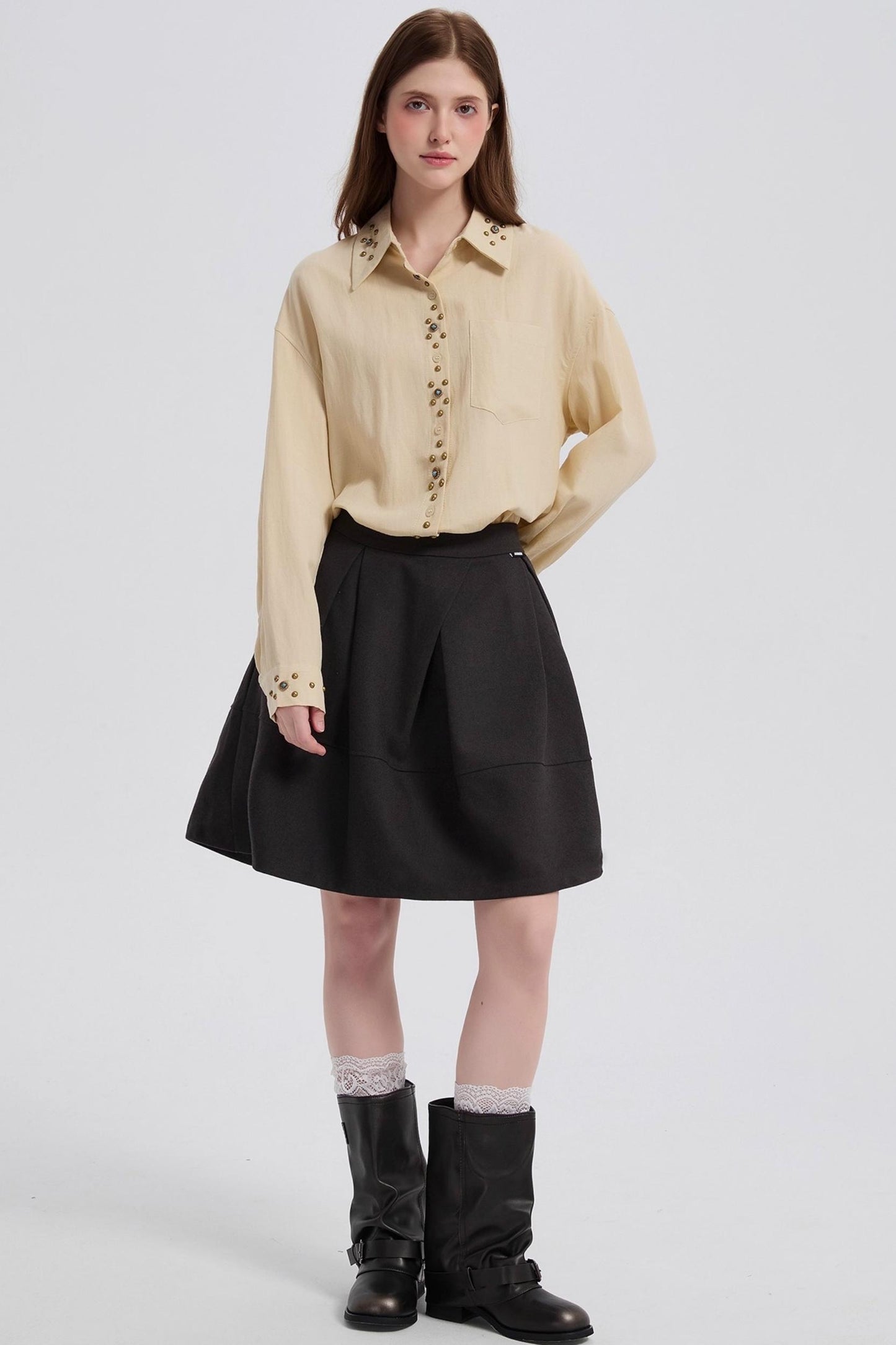 Vintage Gray Woolen High-Waisted Double Pocket Skirt