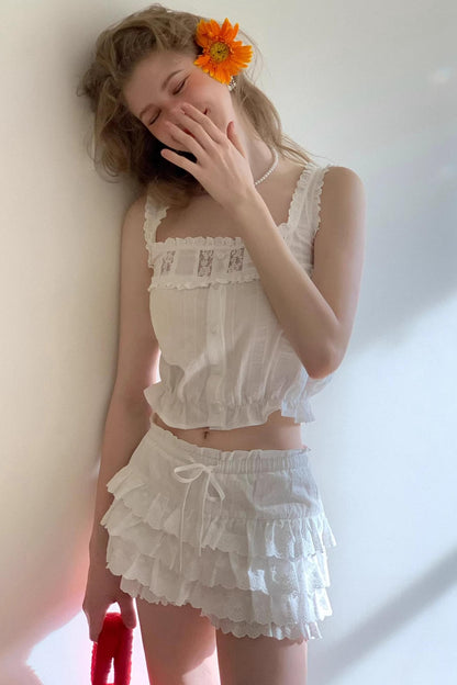 Square-Neck Vest Cropped A-Line Puffed Skirt Set-Up