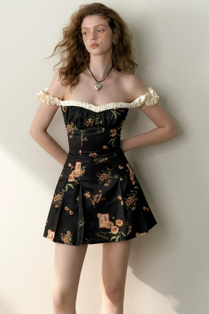 Floral One-Shoulder Black Bustier Dress
