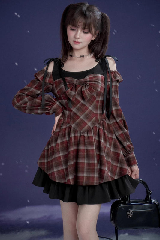 Plaid Fake Two-Piece Christmas Dress
