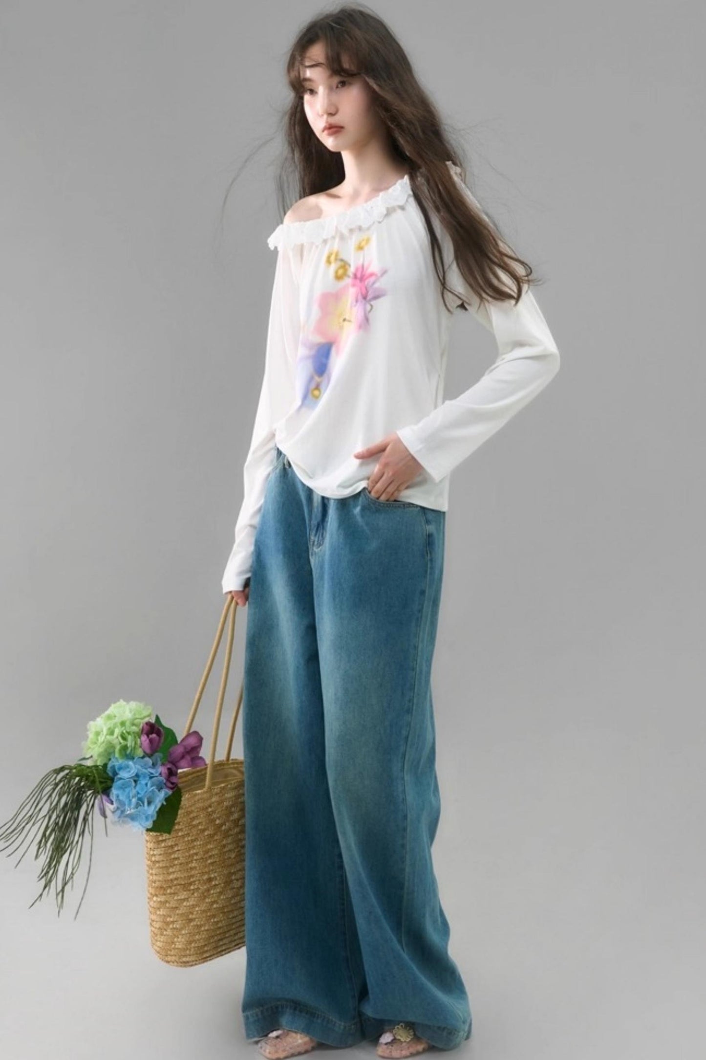 Slanted Shoulder Long-Sleeved Tencel Tee