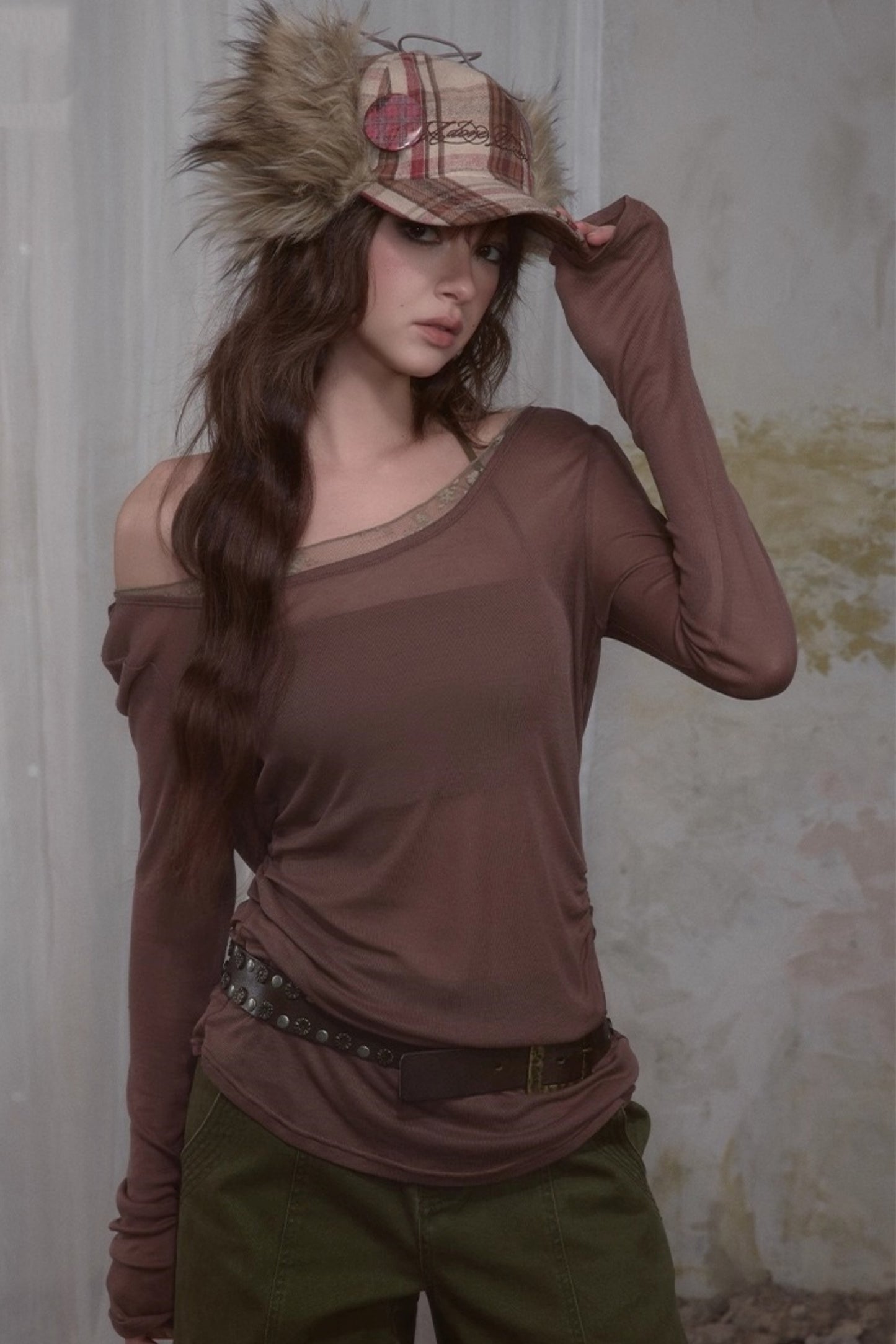 Spliced Long Sleeve Swing Collar T-Shirt