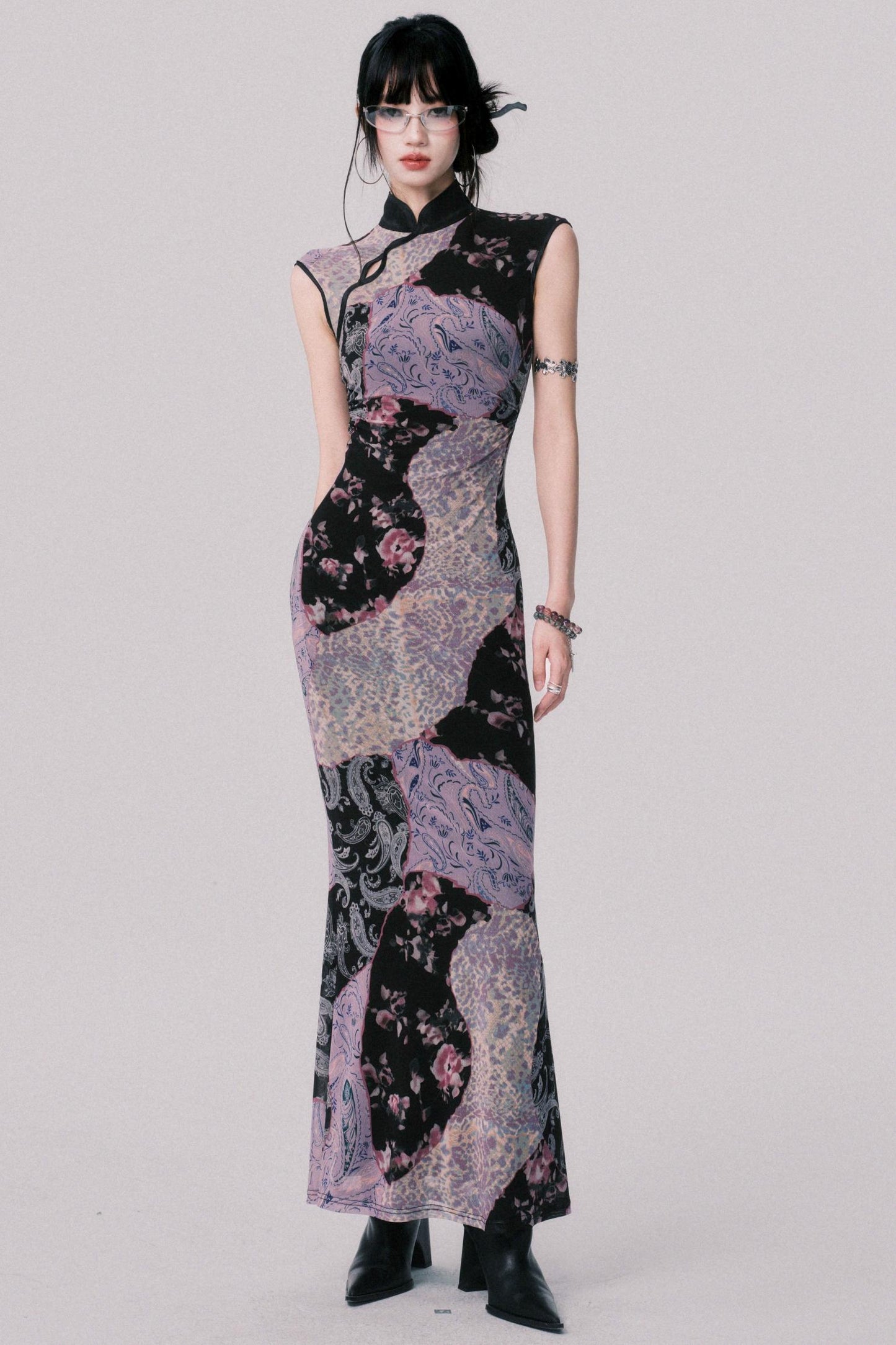 Smokey Purple Color-Blocked Cheongsam Dress