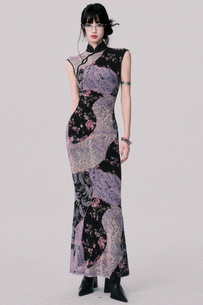 Smokey Purple Color-Blocked Cheongsam Dress